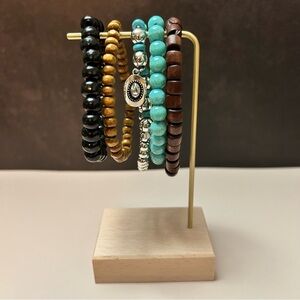 5 Piece Turquoise Brown Silver Beaded Bracelet Set